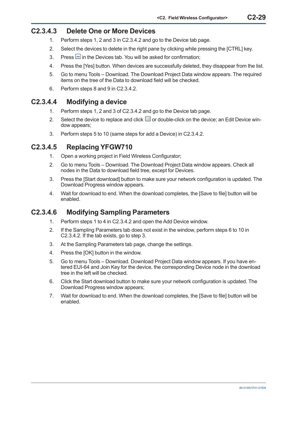 C2.3.4.3 delete one or more devices, C2.3.4.4 modifying a device, C2.3.4.5 replacing yfgw710 | C2.3.4.6 modifying sampling parameters, C2-29 | Yokogawa YFGW710 User Manual | Page 150 / 194