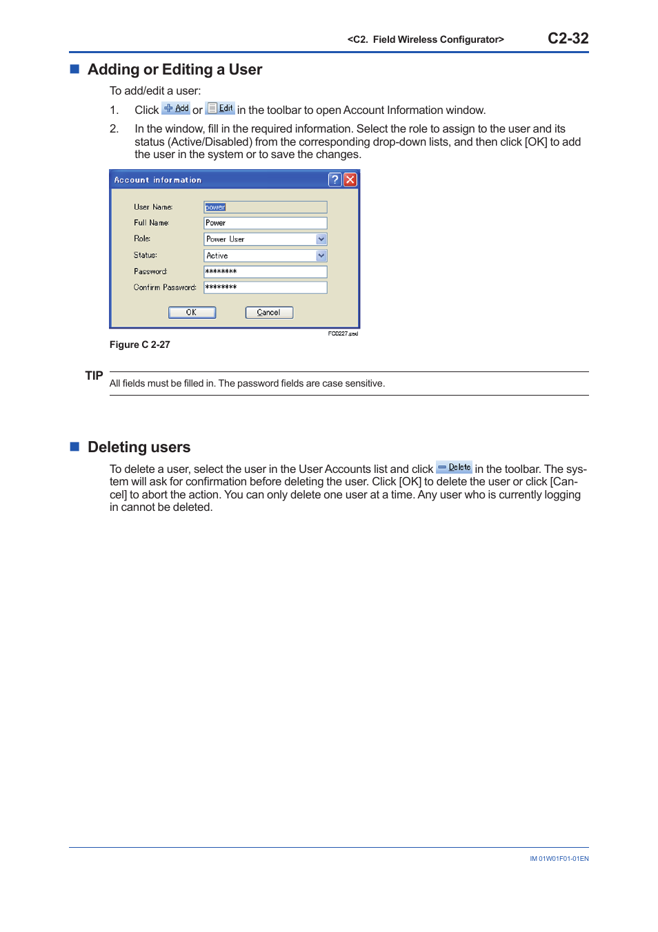 C2-32, Nadding or editing a user, Ndeleting users | Yokogawa YFGW710 User Manual | Page 153 / 194