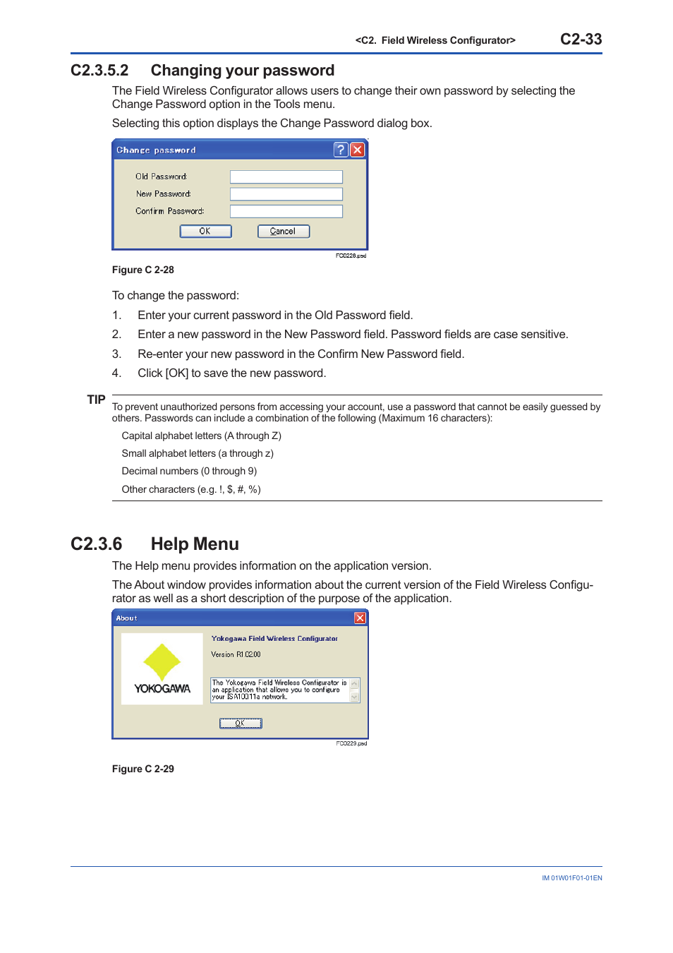 C2.3.5.2 changing your password, C2.3.6 help menu, C2.3.6 | C2-33 | Yokogawa YFGW710 User Manual | Page 154 / 194