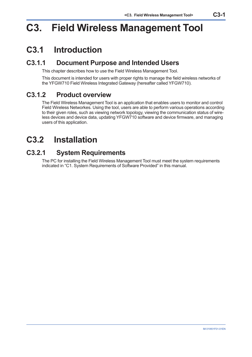 C3. field wireless management tool, C3.1 introduction, C3.1.1 document purpose and intended users | C3.1.2 product overview, C3.2 installation, C3.2.1 system requirements, C3.1, C3.1.2, C3.2 | Yokogawa YFGW710 User Manual | Page 155 / 194