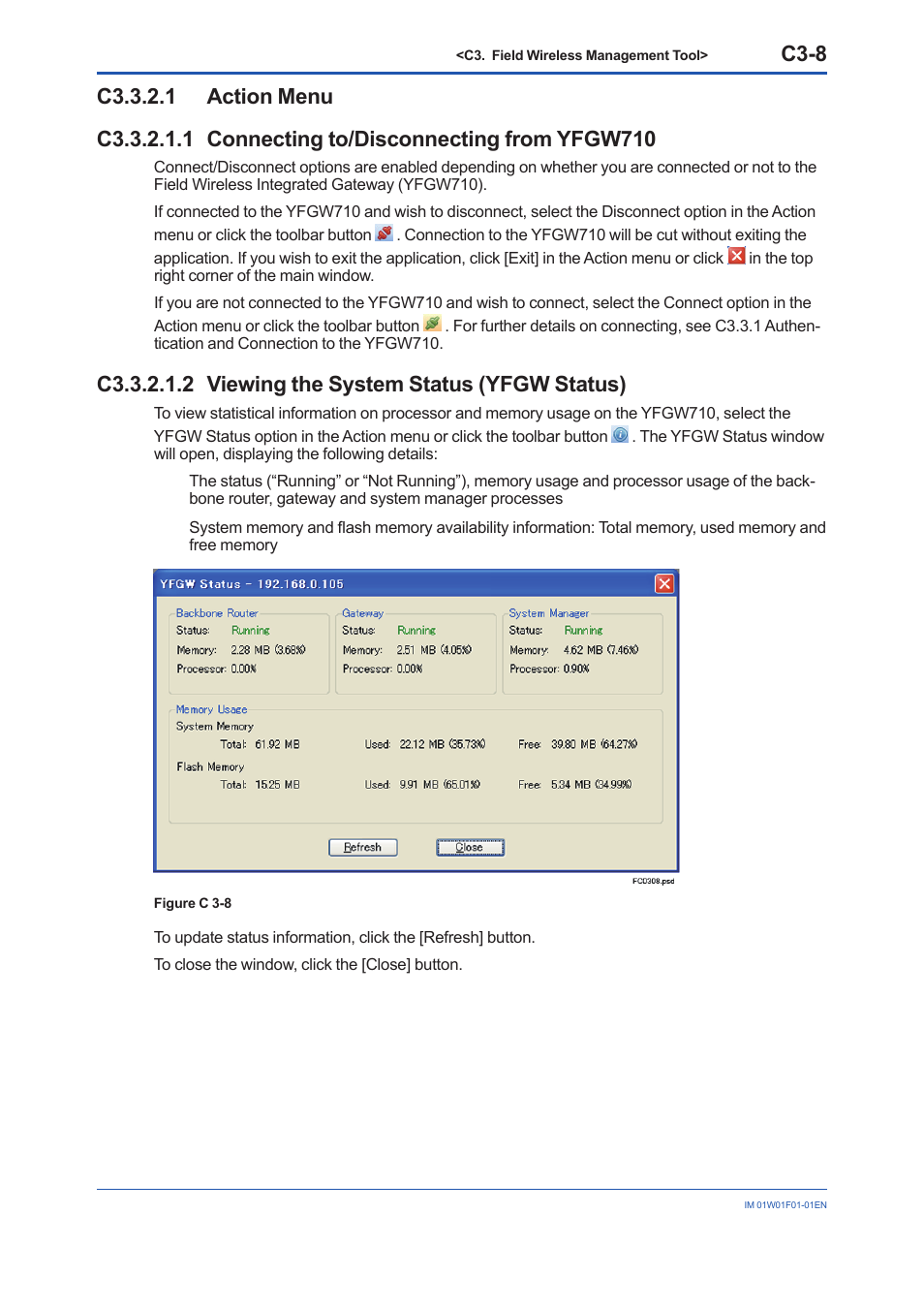 C3.3.2.1 action menu, C3.3.2.1.2 viewing the system status (yfgw status), C3-8 | Yokogawa YFGW710 User Manual | Page 162 / 194