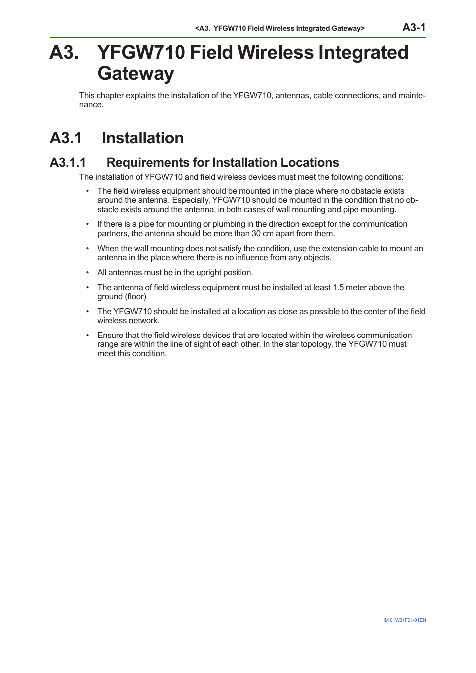 A3. yfgw710 field wireless integrated gateway, A3.1 installation, A3.1.1 requirements for installation locations | A3.1, A3-1 | Yokogawa YFGW710 User Manual | Page 21 / 194