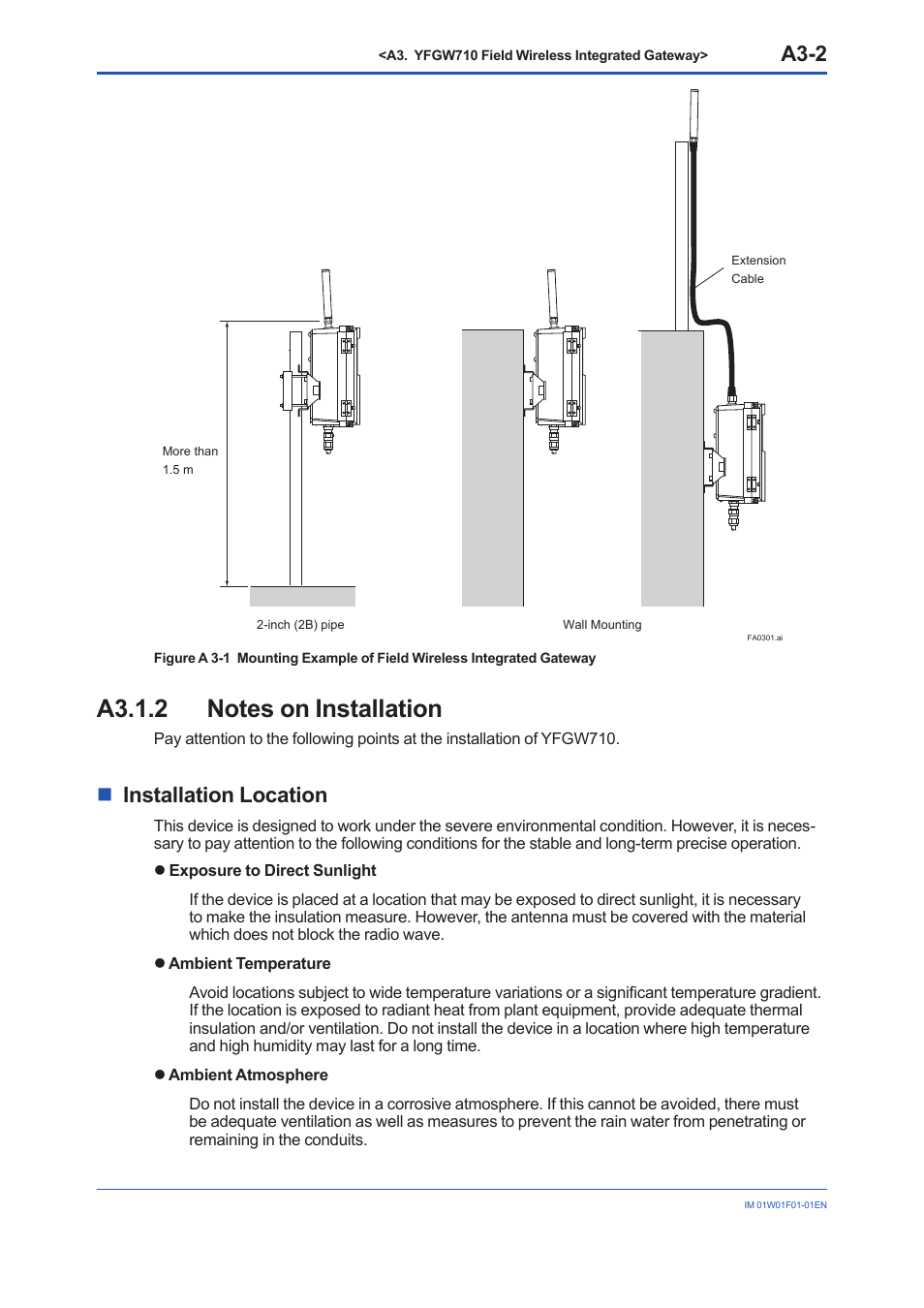 A3.1.2 notes on installation, A3.1.2, A3-2 | Ninstallation location | Yokogawa YFGW710 User Manual | Page 22 / 194