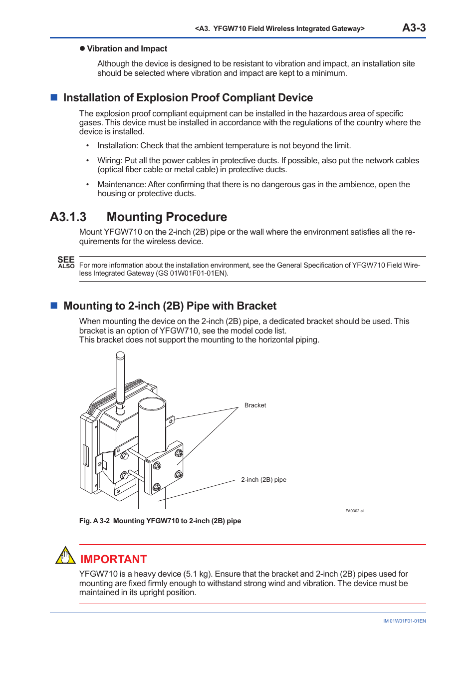 A3.1.3 mounting procedure, A3.1.3, A3-3 | Ninstallation of explosion proof compliant device, Nmounting to 2-inch (2b) pipe with bracket, Important | Yokogawa YFGW710 User Manual | Page 23 / 194