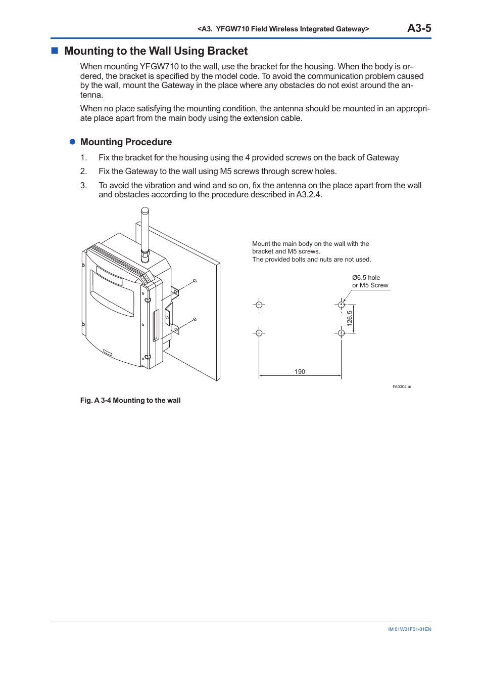 A3-5, Nmounting to the wall using bracket, Lmounting procedure | Yokogawa YFGW710 User Manual | Page 25 / 194