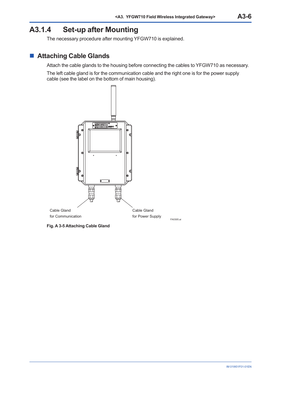 A3.1.4 set-up after mounting, A3.1.4, A3-6 | Nattaching cable glands | Yokogawa YFGW710 User Manual | Page 26 / 194