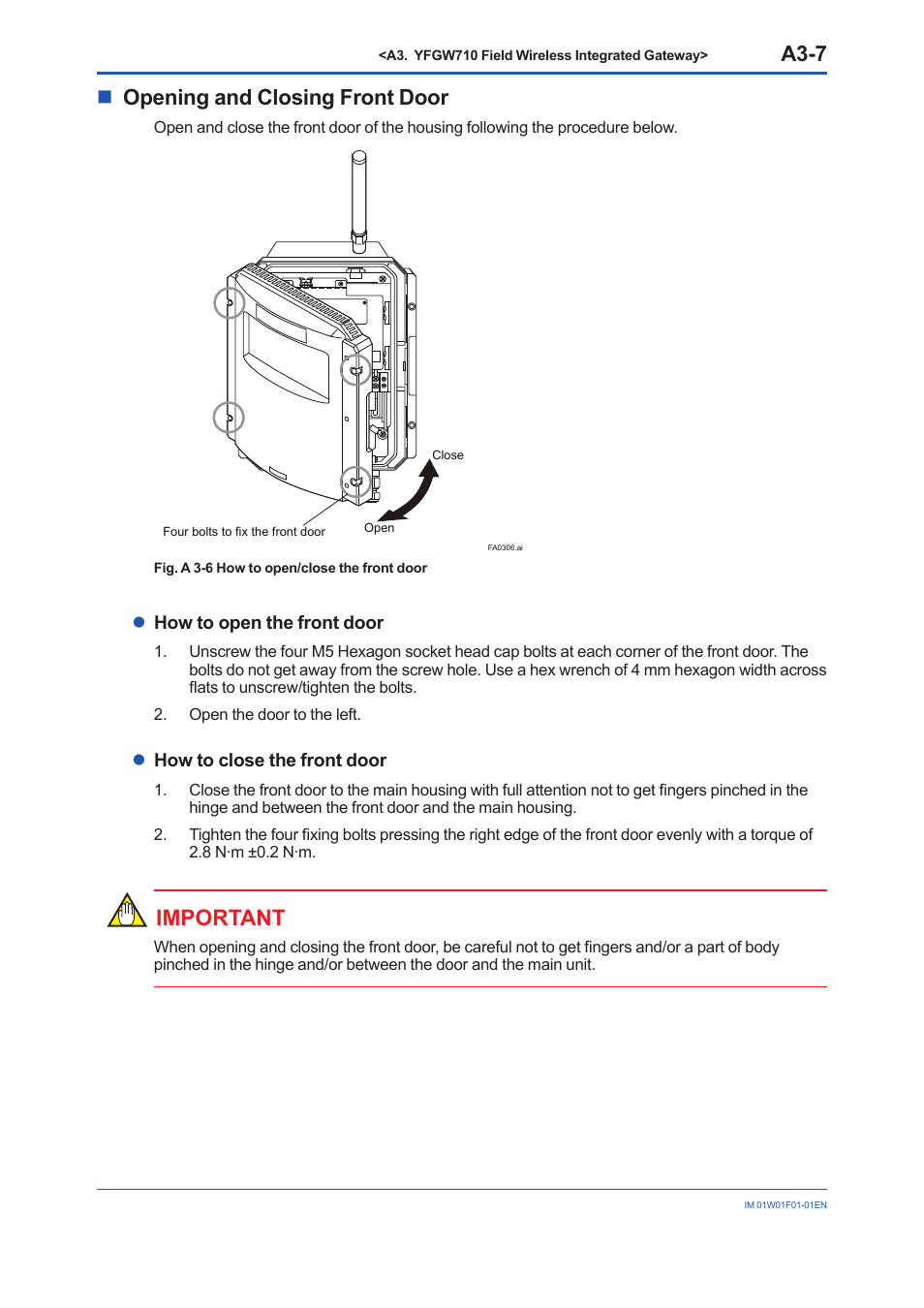 A3-7, Nopening and closing front door, Important | Yokogawa YFGW710 User Manual | Page 27 / 194