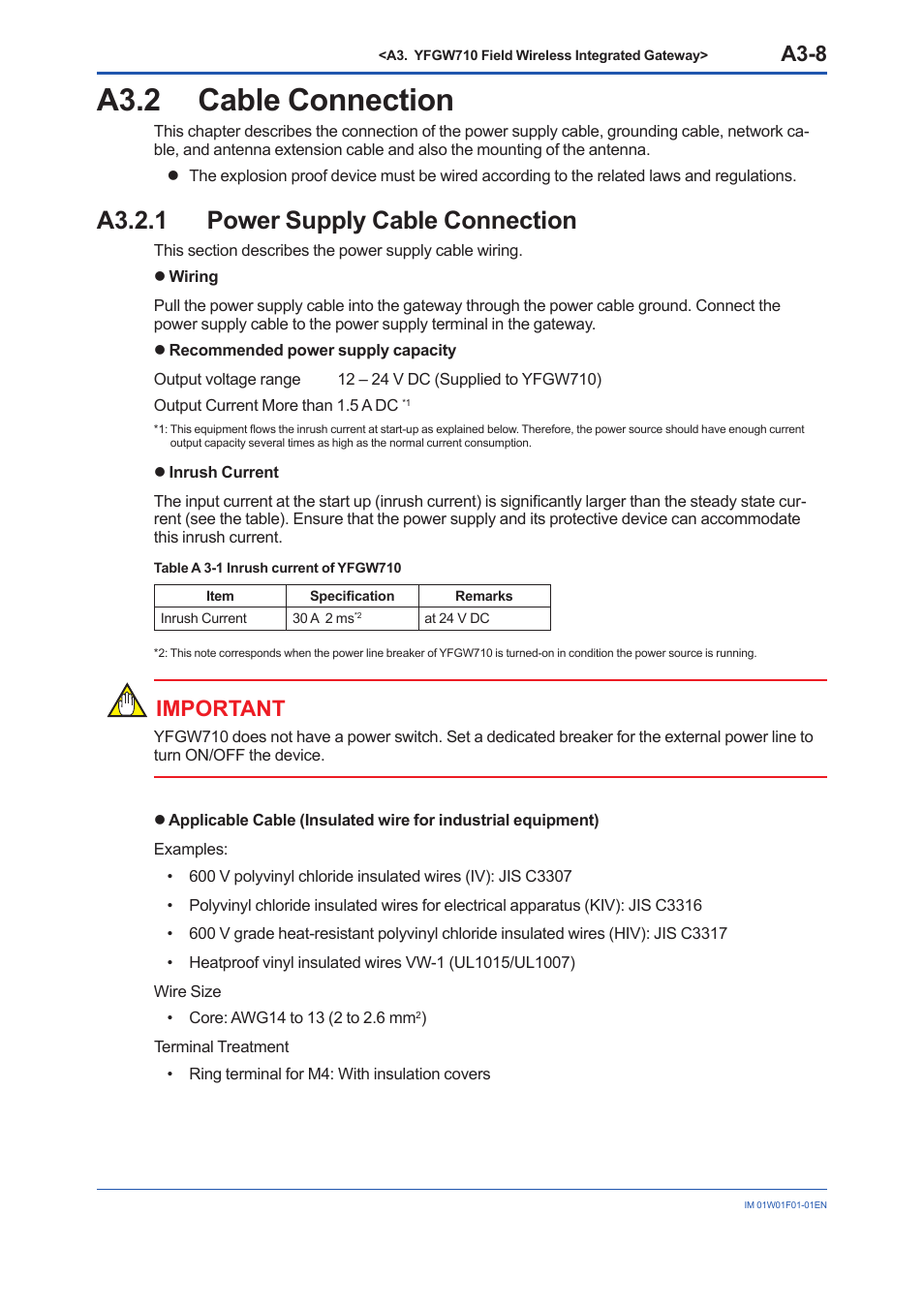 A3.2 cable connection, A3.2.1 power supply cable connection, A3.2 | A3-8, Important | Yokogawa YFGW710 User Manual | Page 28 / 194