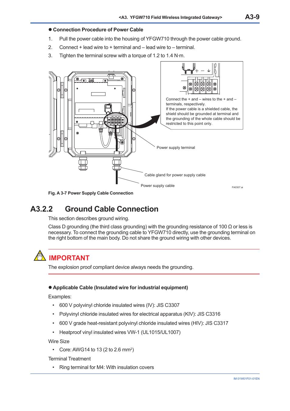 A3.2.2 ground cable connection, A3.2.2, A3-9 | Important | Yokogawa YFGW710 User Manual | Page 29 / 194