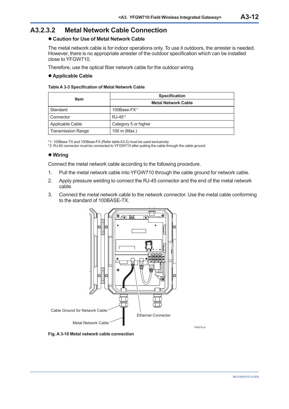 A3.2.3.2 metal network cable connection, A3-12 | Yokogawa YFGW710 User Manual | Page 32 / 194