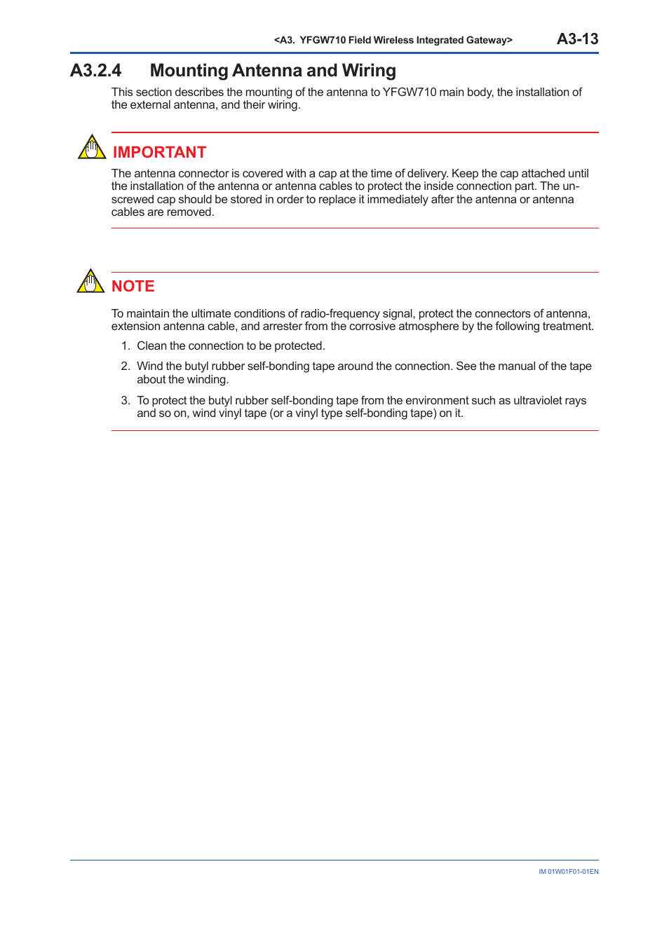 A3.2.4 mounting antenna and wiring, A3.2.4, A3-13 | Important | Yokogawa YFGW710 User Manual | Page 33 / 194