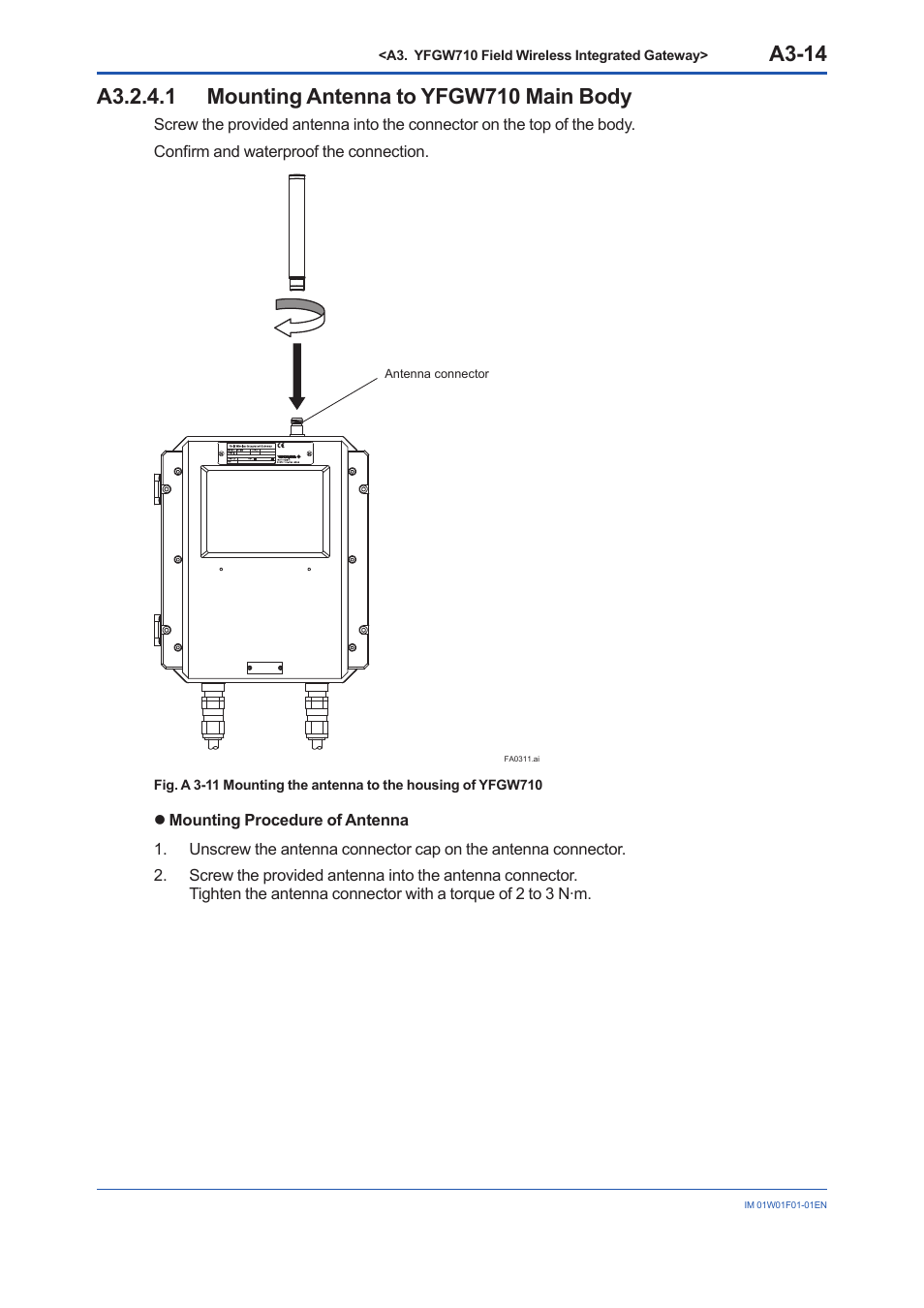 A3.2.4.1 mounting antenna to yfgw710 main body, A3-14 | Yokogawa YFGW710 User Manual | Page 34 / 194