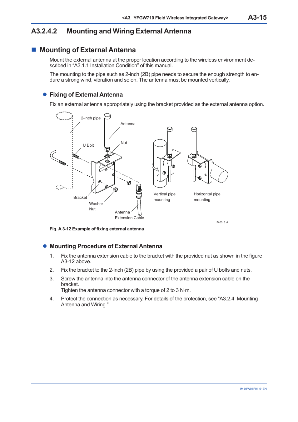 A3.2.4.2 mounting and wiring external antenna, A3-15, Lfixing of external antenna | Lmounting procedure of external antenna | Yokogawa YFGW710 User Manual | Page 35 / 194