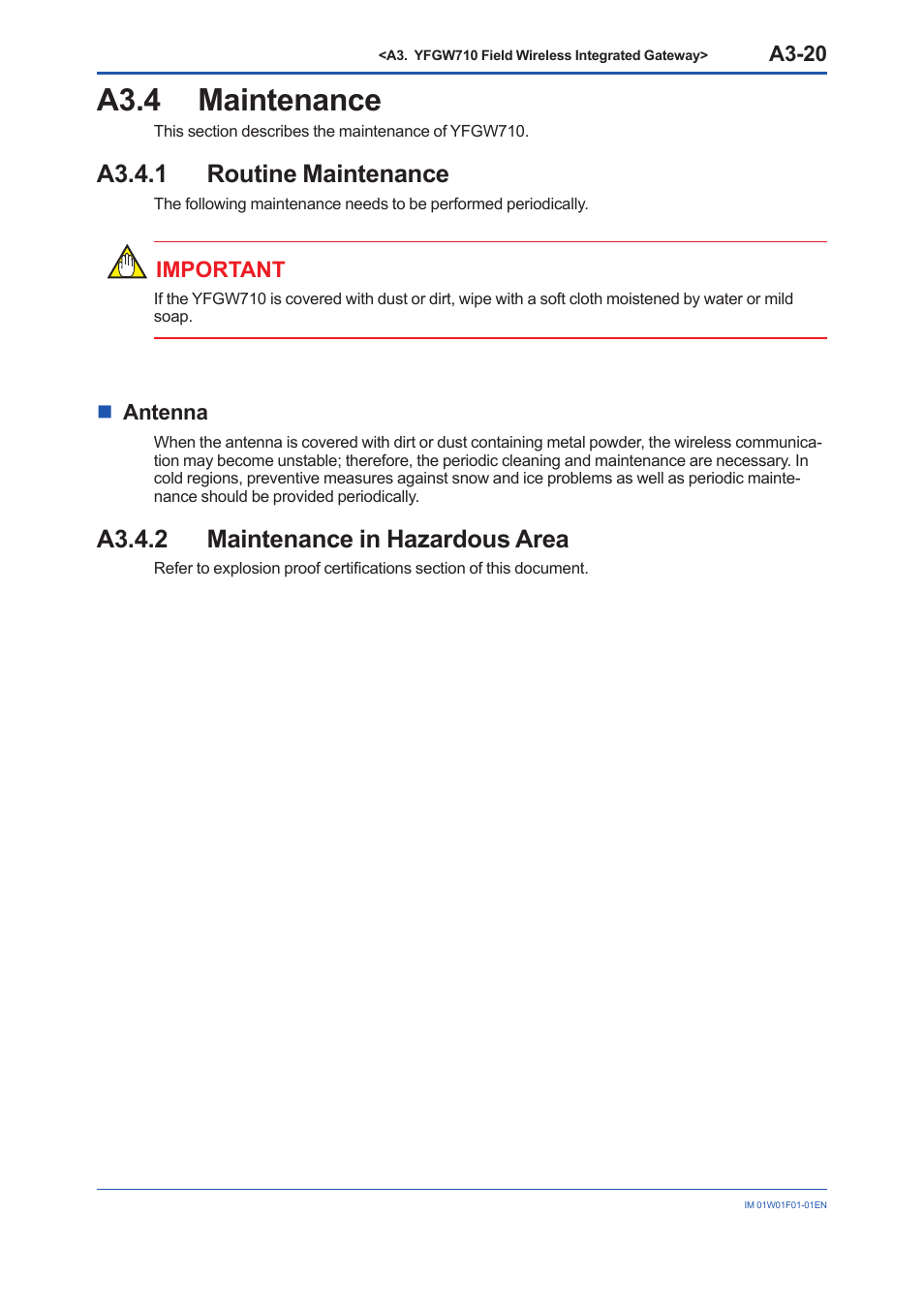 A3.4 maintenance, A3.4.1 routine maintenance, A3.4.2 maintenance in hazardous area | A3.4, A3.4.2, A3-20, Important, Nantenna | Yokogawa YFGW710 User Manual | Page 40 / 194