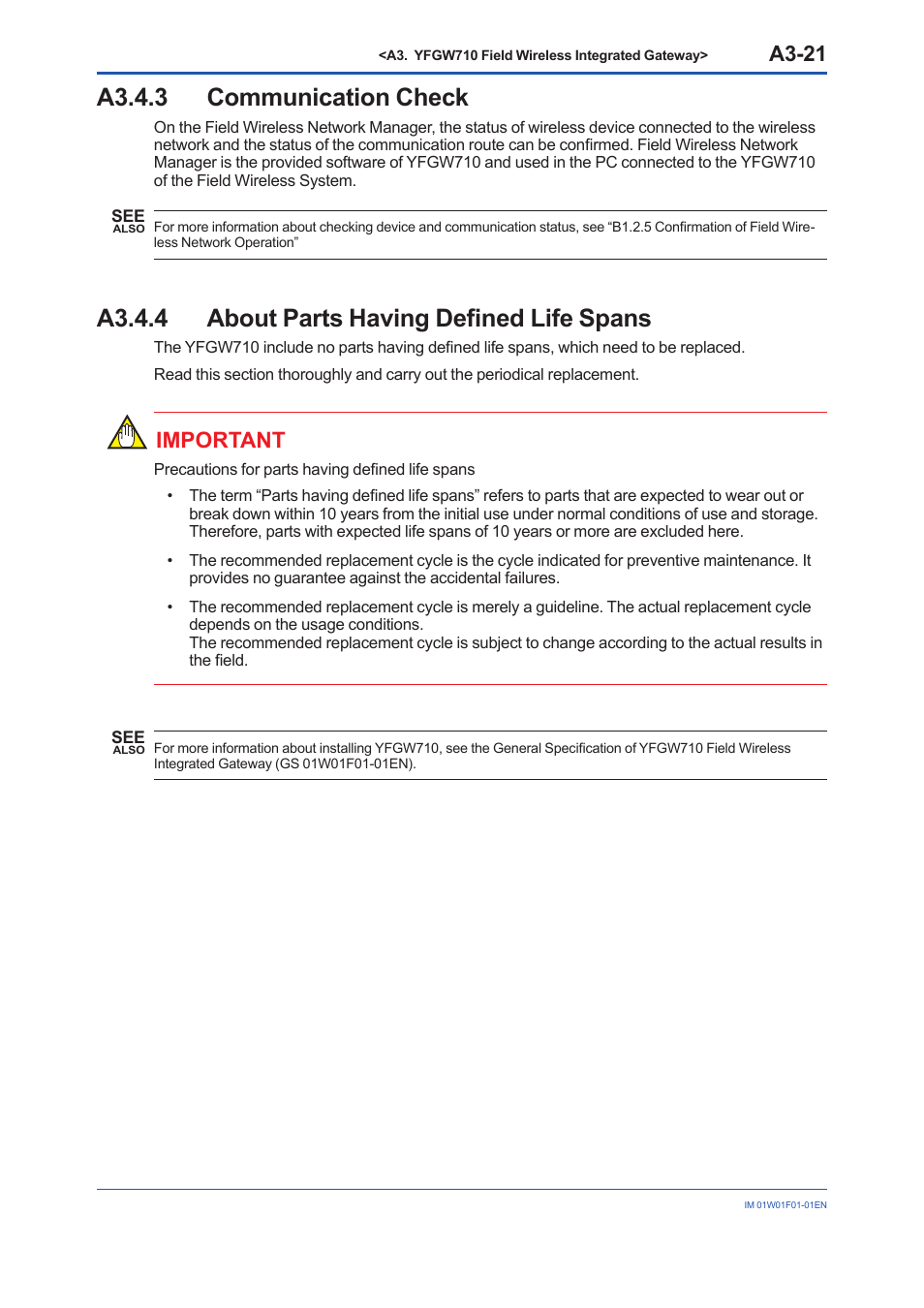 A3.4.3 communication check, A3.4.4 about parts having defined life spans, A3.4.3 | A3.4.4, A3-21, Important | Yokogawa YFGW710 User Manual | Page 41 / 194