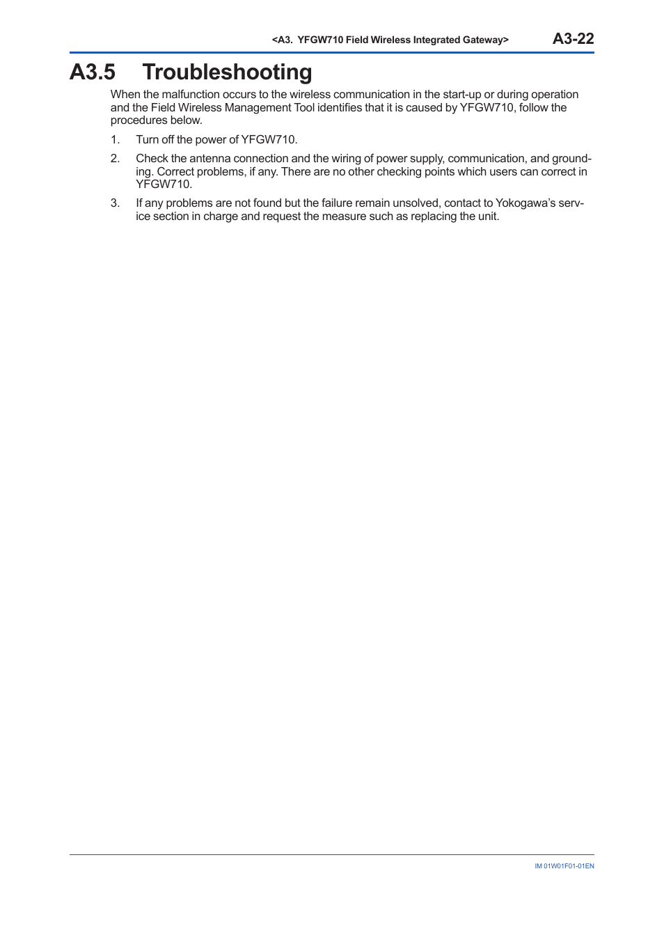 A3.5 troubleshooting, A3.5, A3-22 | Yokogawa YFGW710 User Manual | Page 42 / 194