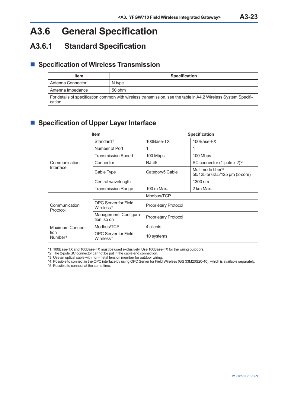 A3.6 general specification, A3.6.1 standard specification, A3.6 | A3-23, Nspecification of wireless transmission, Nspecification of upper layer interface | Yokogawa YFGW710 User Manual | Page 43 / 194