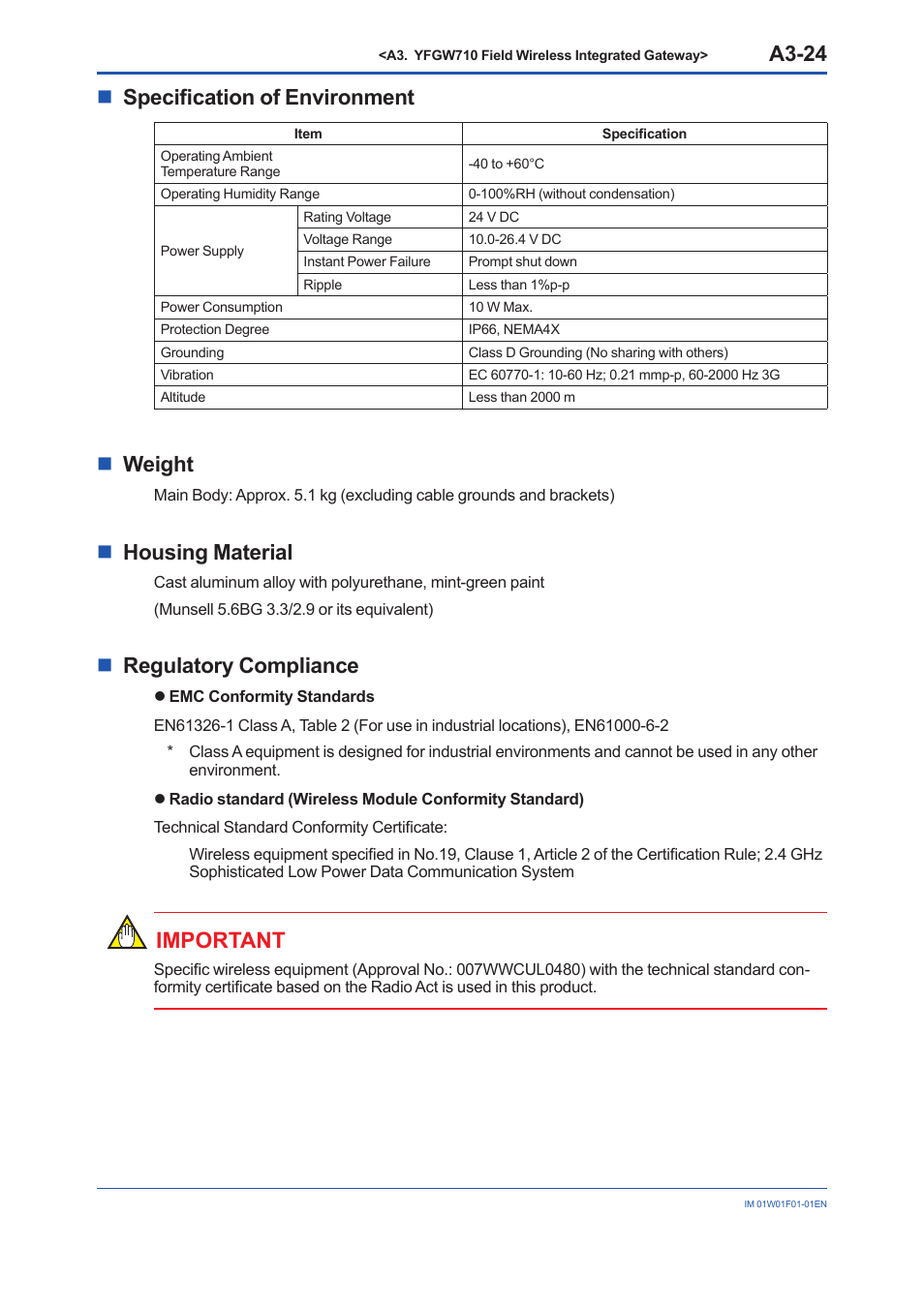A3-24, Nspecification of environment, Nweight | Nhousing material, Nregulatory compliance, Important | Yokogawa YFGW710 User Manual | Page 44 / 194