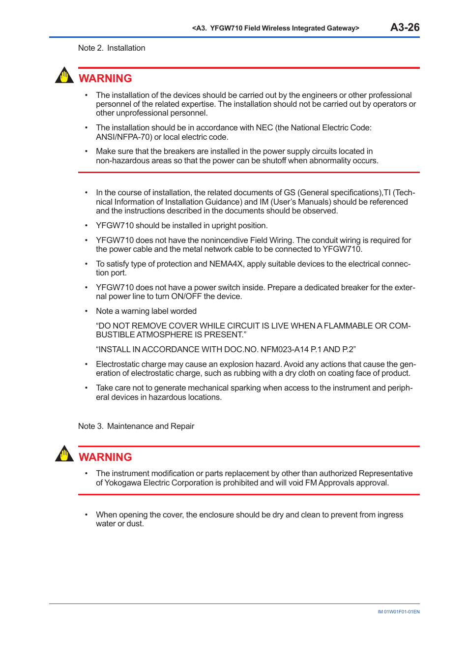 A3-26, Warning | Yokogawa YFGW710 User Manual | Page 46 / 194
