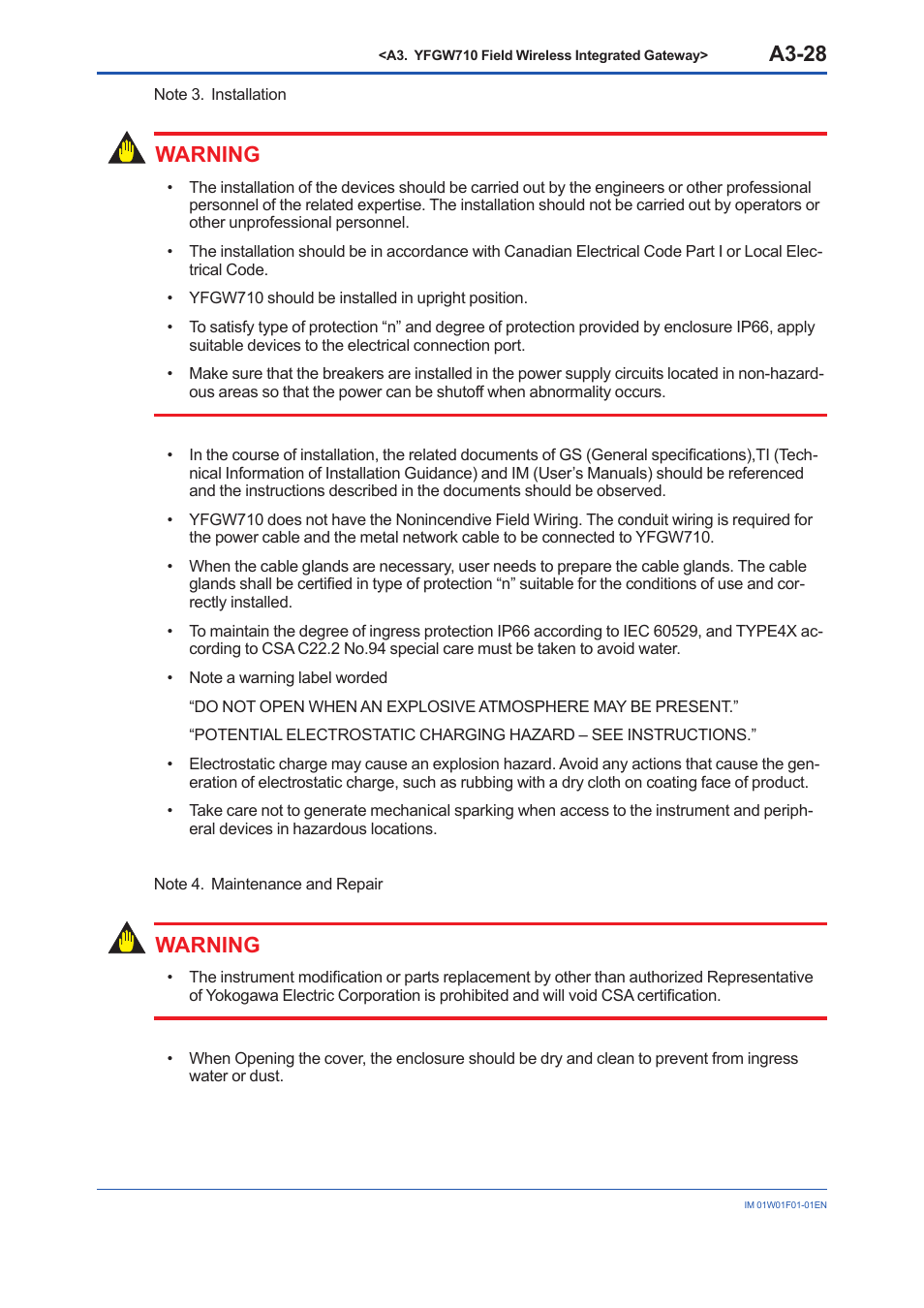 A3-28, Warning | Yokogawa YFGW710 User Manual | Page 48 / 194