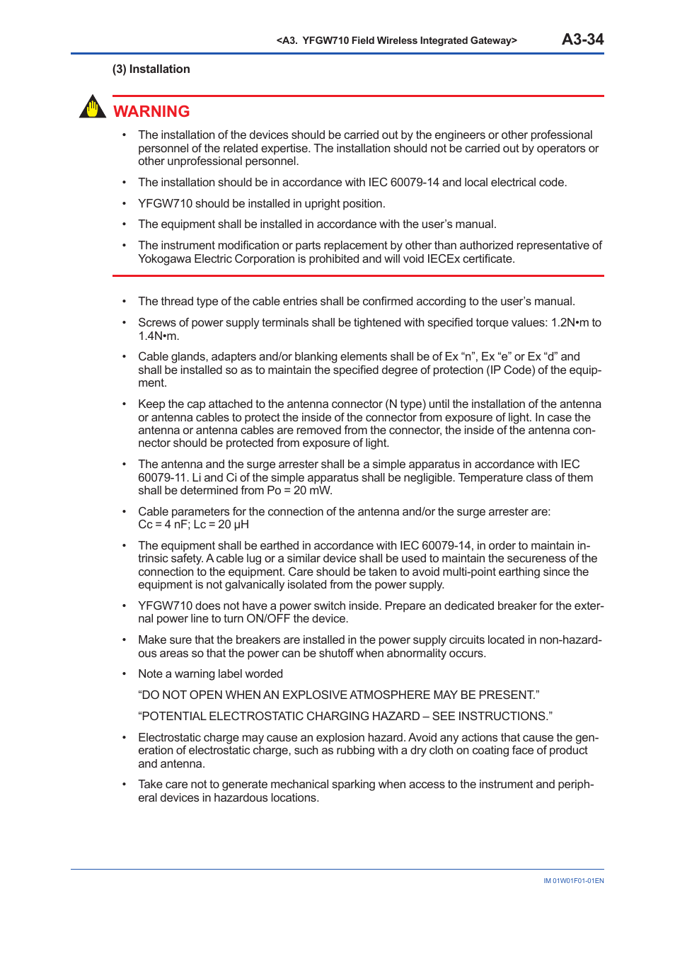 A3-34, Warning | Yokogawa YFGW710 User Manual | Page 54 / 194
