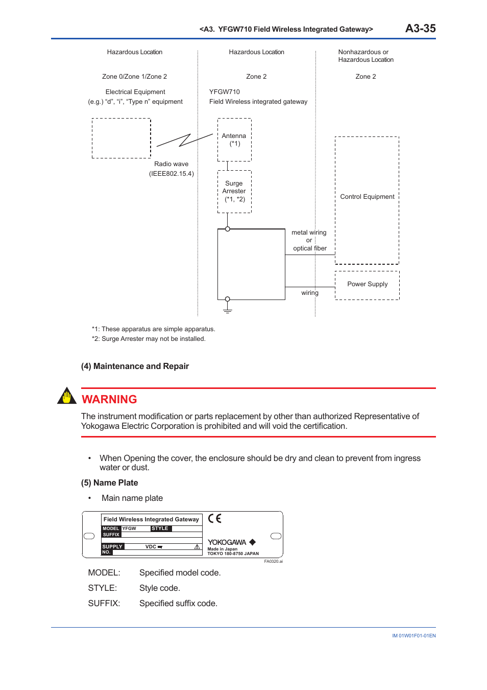 A3-35, Warning | Yokogawa YFGW710 User Manual | Page 55 / 194