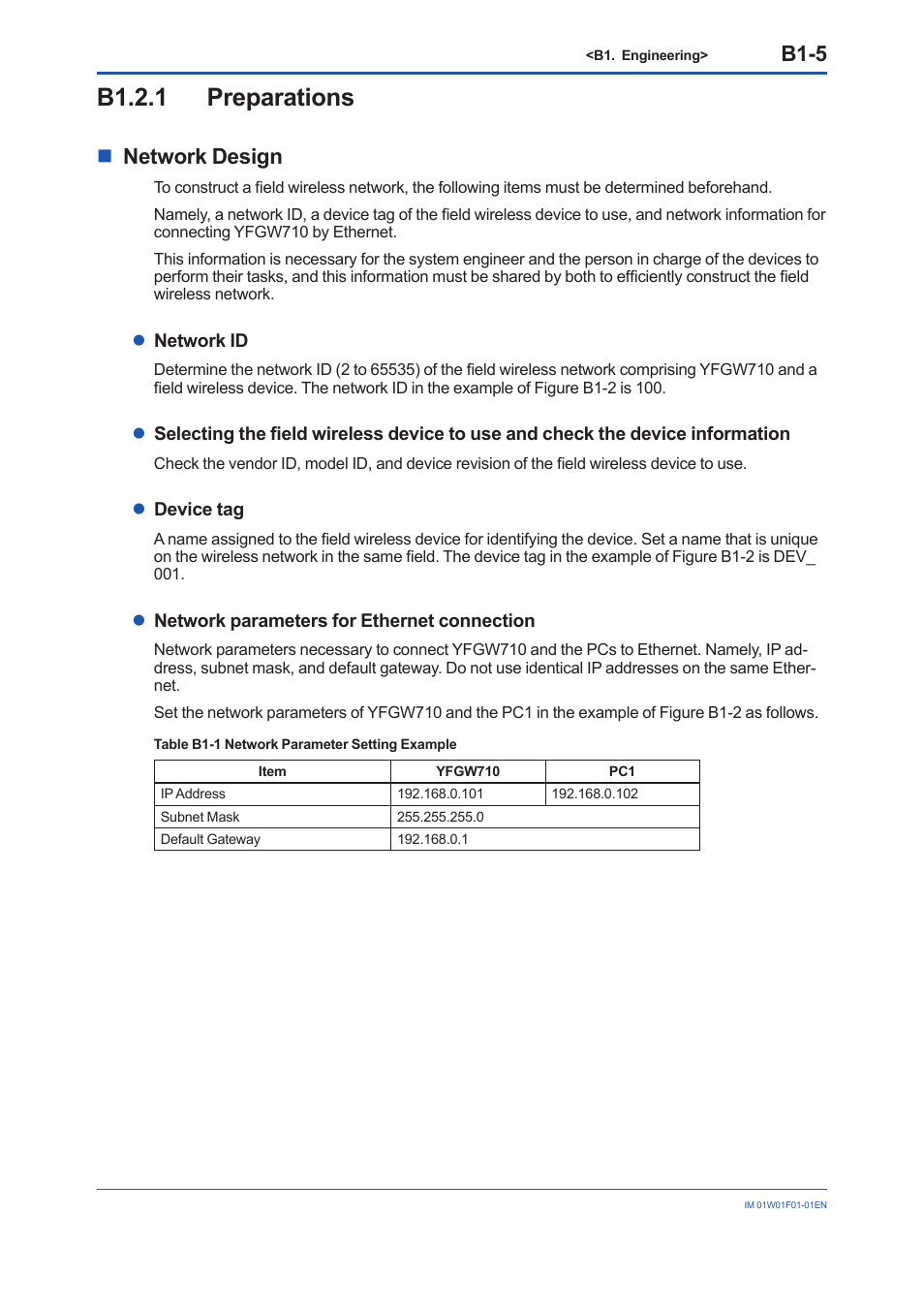 B1.2.1 preparations, B1.2.1, B1-5 | Nnetwork design | Yokogawa YFGW710 User Manual | Page 69 / 194