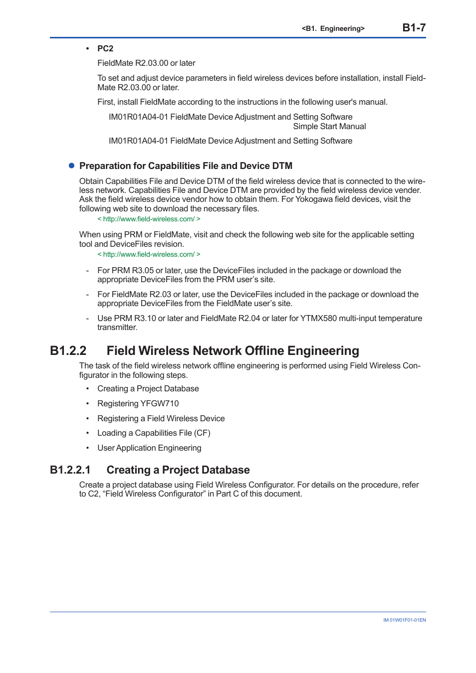 B1.2.2 field wireless network offline engineering, B1.2.2.1 creating a project database, B1.2.2 | B1-7 | Yokogawa YFGW710 User Manual | Page 71 / 194