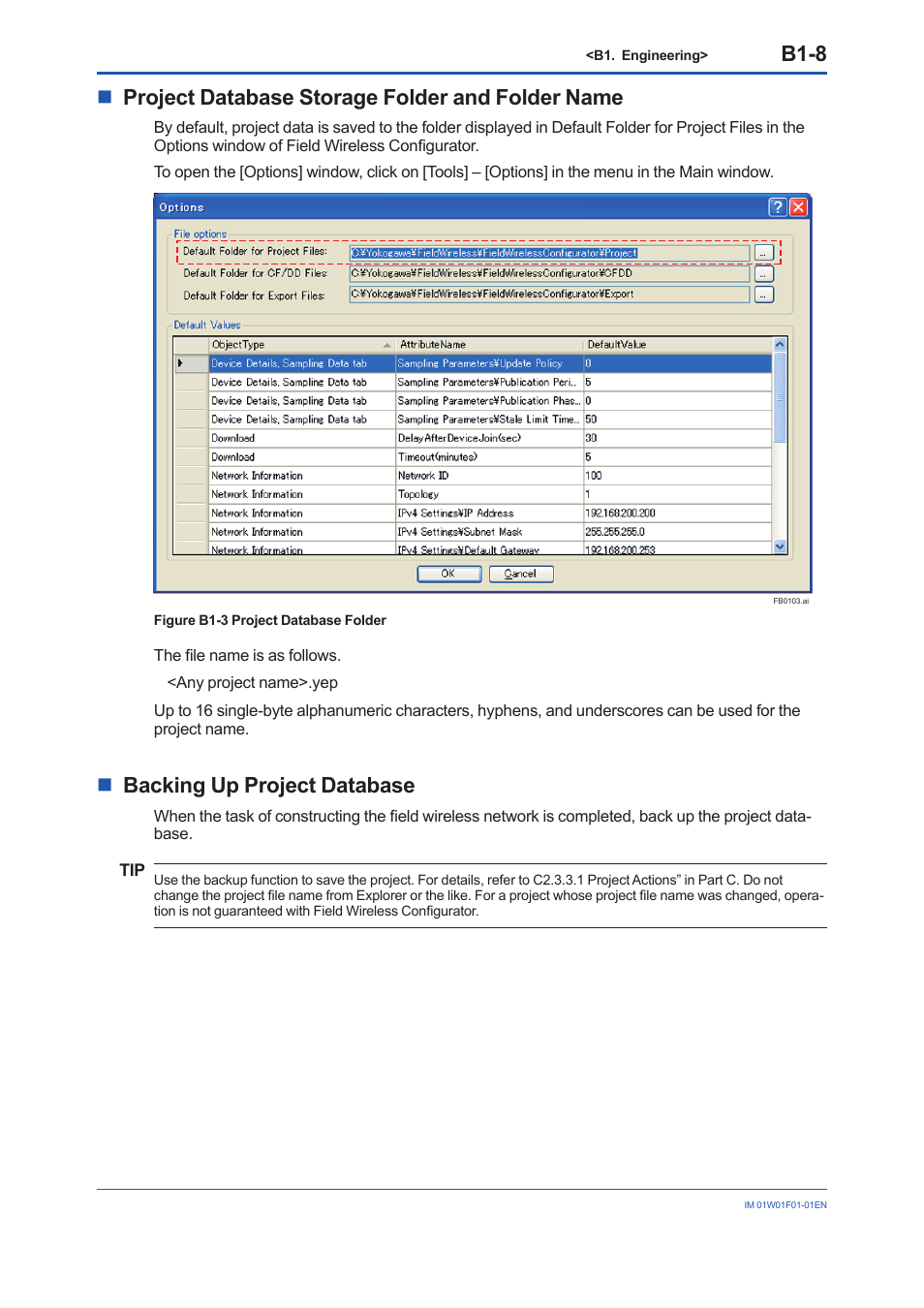 B1-8, Nproject database storage folder and folder name, Nbacking up project database | Yokogawa YFGW710 User Manual | Page 72 / 194
