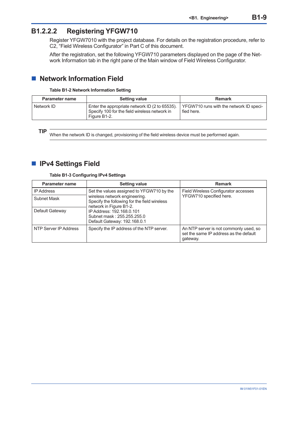 B1.2.2.2 registering yfgw710, B1-9, Nnetwork information field | Nipv4 settings field | Yokogawa YFGW710 User Manual | Page 73 / 194