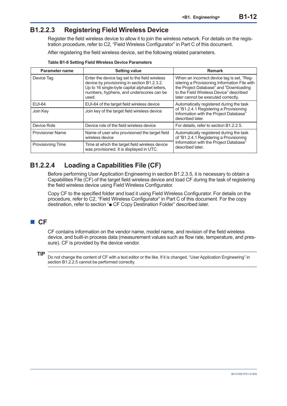 B1.2.2.3 registering field wireless device, B1.2.2.4 loading a capabilities file (cf), B1-12 | Yokogawa YFGW710 User Manual | Page 76 / 194