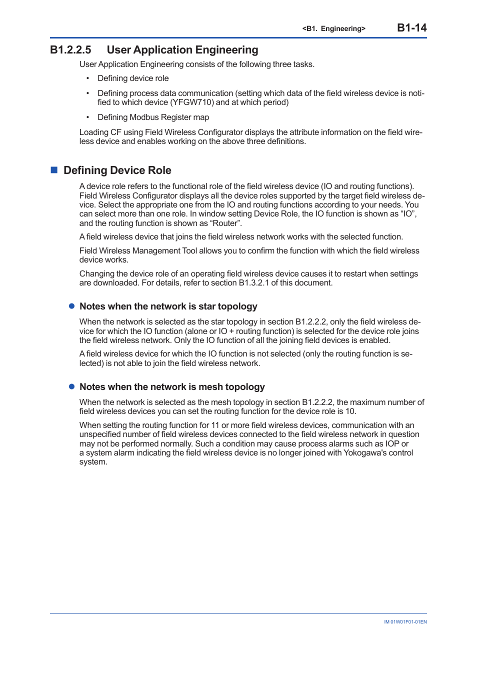 B1.2.2.5 user application engineering, B1-14, Ndefining device role | Yokogawa YFGW710 User Manual | Page 78 / 194