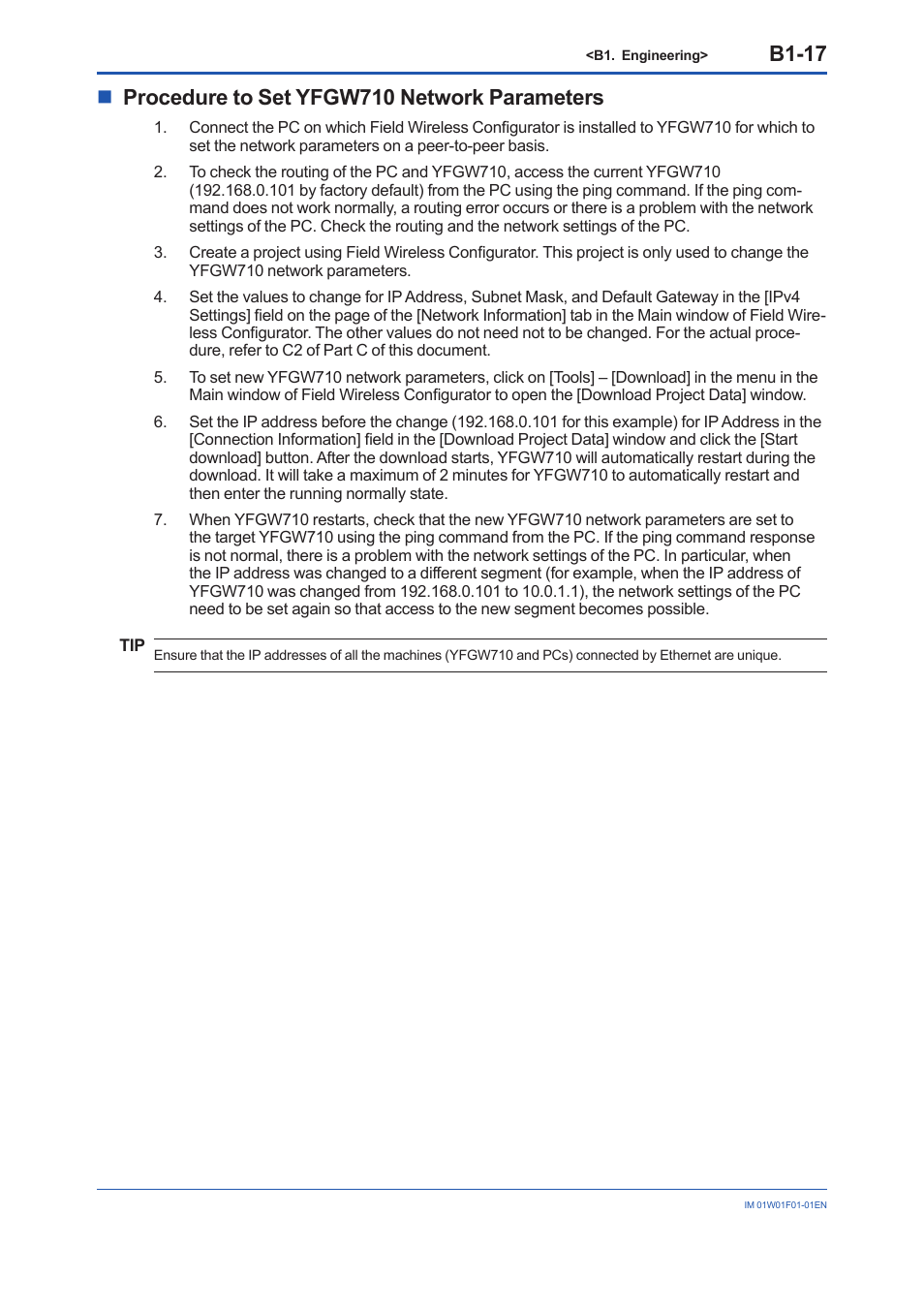 B1-17, Nprocedure to set yfgw710 network parameters | Yokogawa YFGW710 User Manual | Page 81 / 194