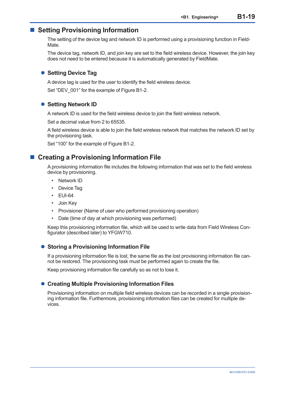 B1-19, Nsetting provisioning information, Ncreating a provisioning information file | Yokogawa YFGW710 User Manual | Page 83 / 194