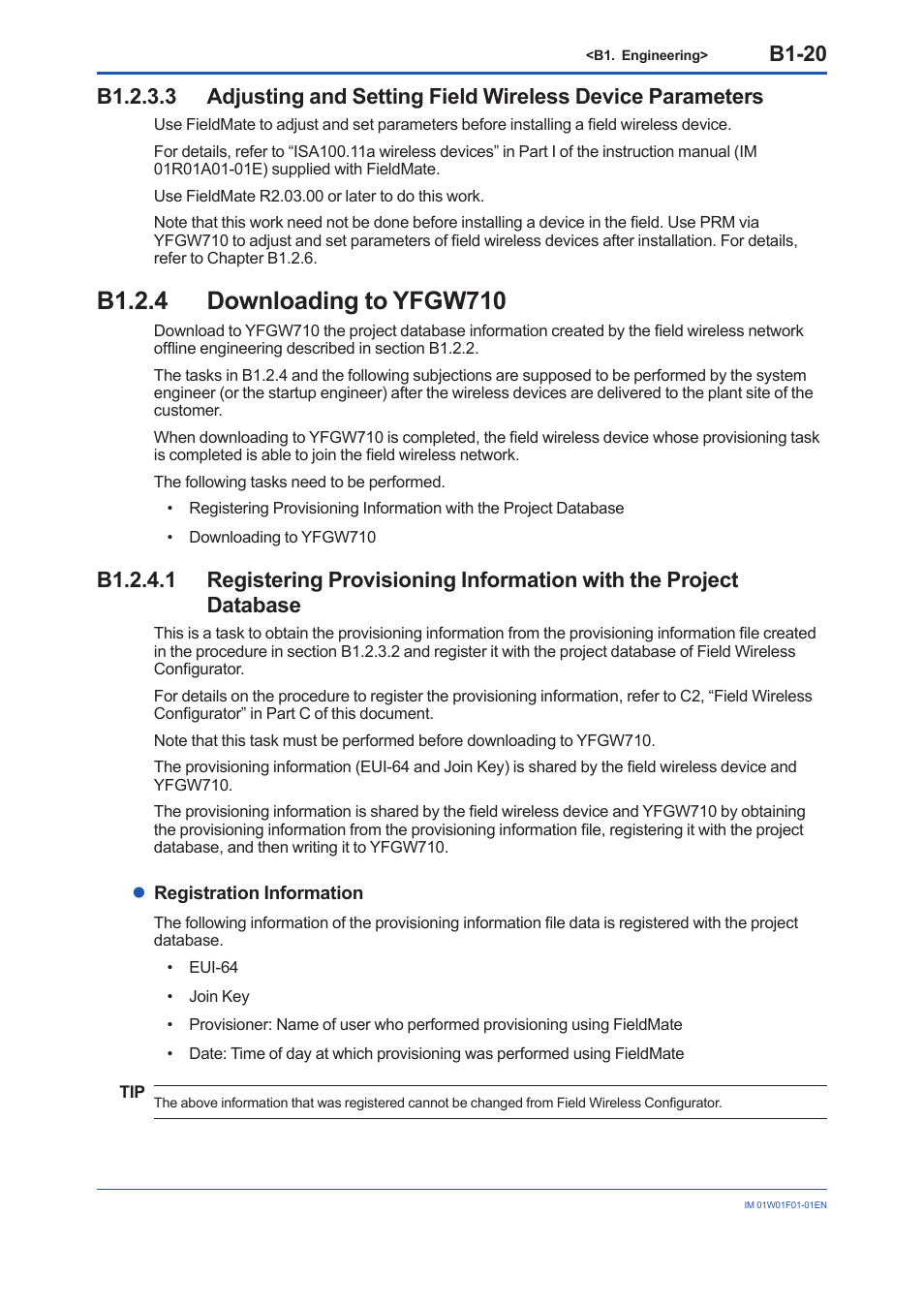 B1.2.4 downloading to yfgw710, B1.2.4, B1-20 | Yokogawa YFGW710 User Manual | Page 84 / 194