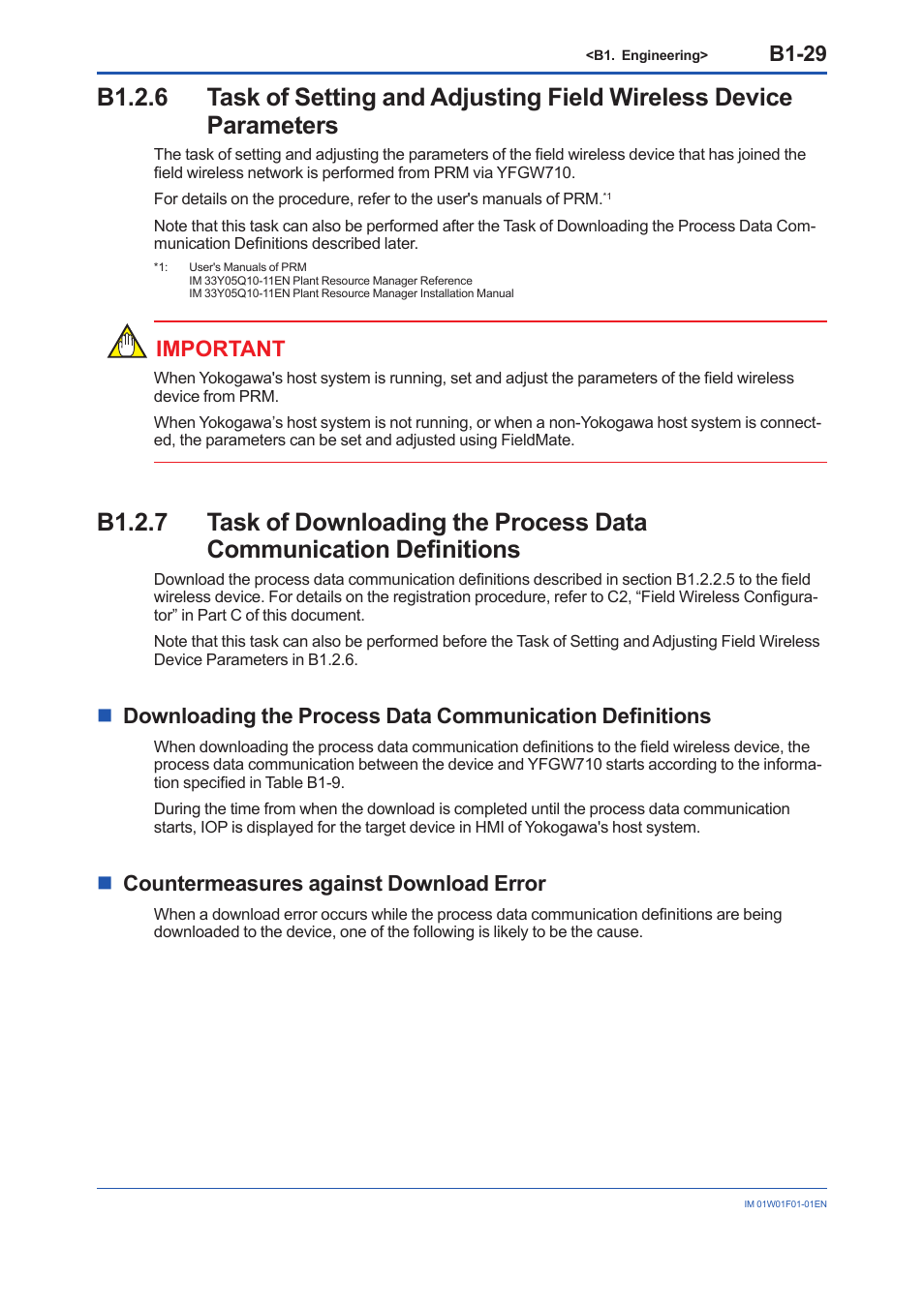 B1.2.6, B1.2.7, Task of downloading the process data communication | B1-29, Important, Ncountermeasures against download error | Yokogawa YFGW710 User Manual | Page 93 / 194