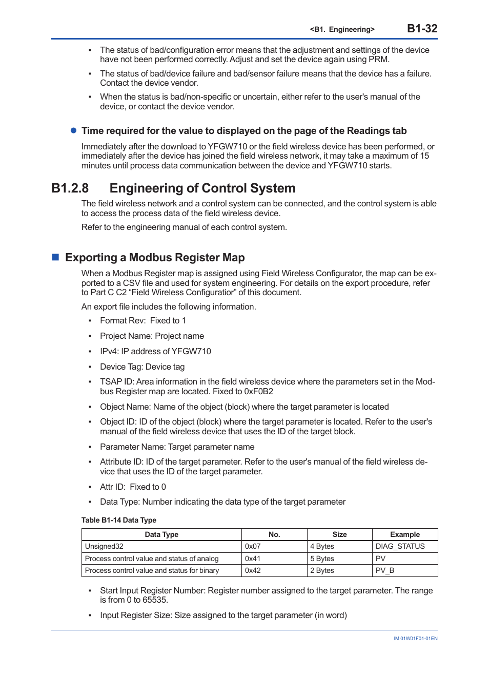 B1.2.8 engineering of control system, B1.2.8, B1-32 | Nexporting a modbus register map | Yokogawa YFGW710 User Manual | Page 96 / 194