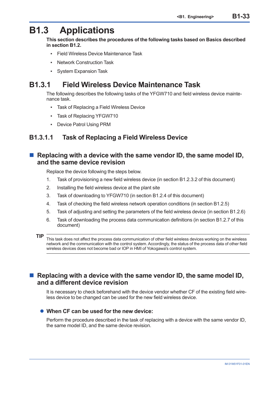 B1.3 applications, B1.3.1 field wireless device maintenance task, B1.3.1.1 task of replacing a field wireless device | B1.3, B1-33 | Yokogawa YFGW710 User Manual | Page 97 / 194