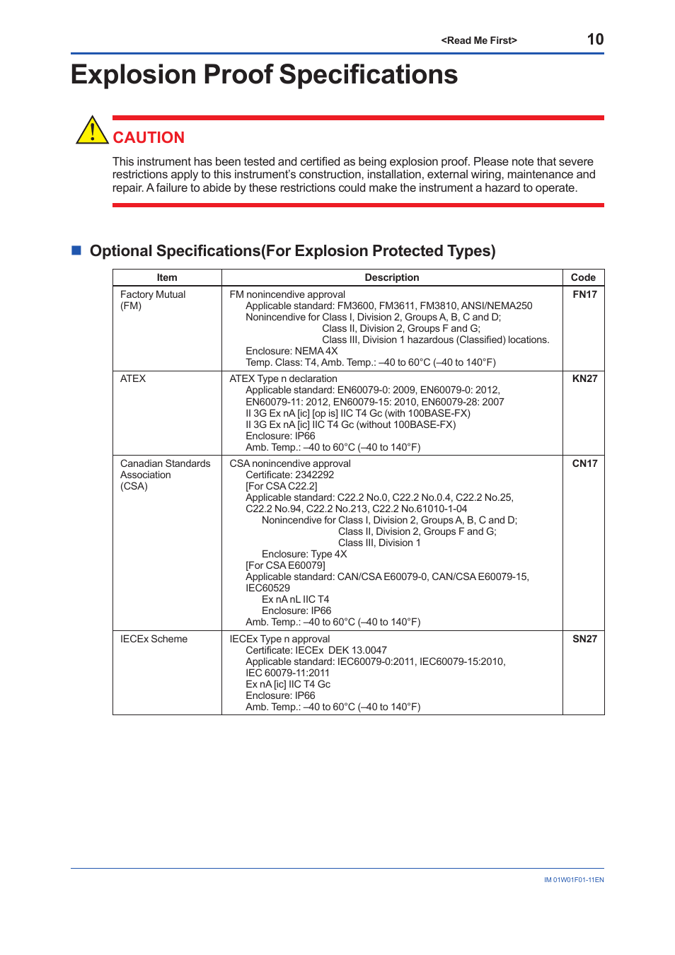 Explosion proof specifications, Caution | Yokogawa YFGW710 User Manual | Page 10 / 29