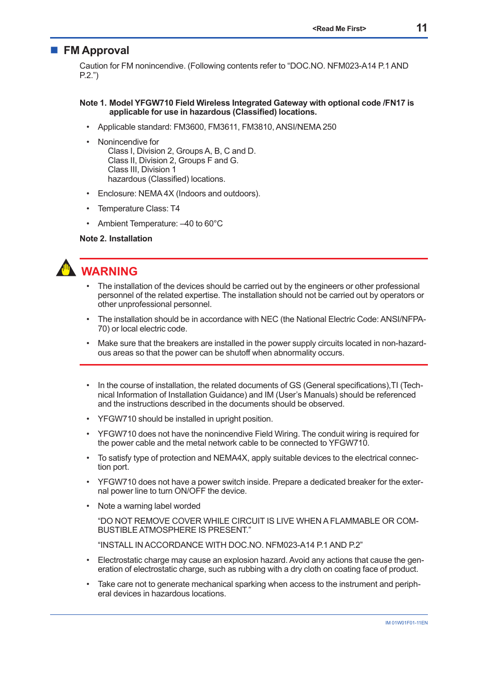 Warning, Nfm approval | Yokogawa YFGW710 User Manual | Page 11 / 29