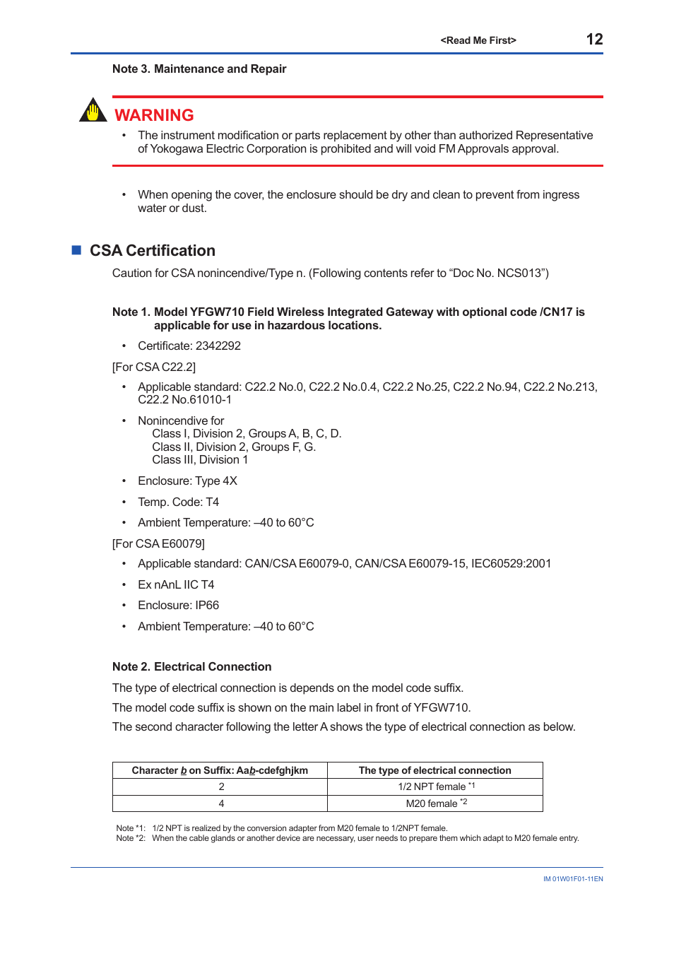 Warning, Ncsa certification | Yokogawa YFGW710 User Manual | Page 12 / 29