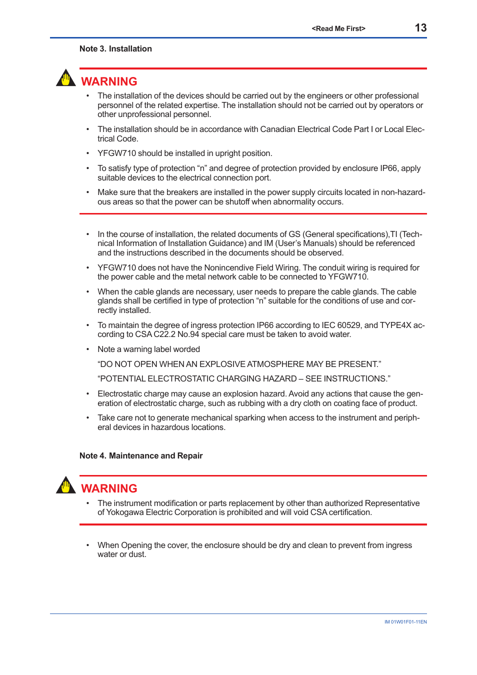 Warning | Yokogawa YFGW710 User Manual | Page 13 / 29