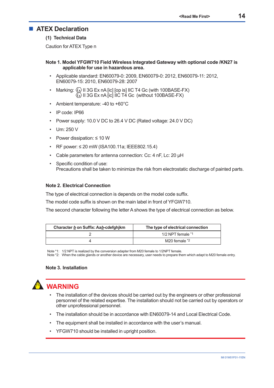 Warning, Natex declaration | Yokogawa YFGW710 User Manual | Page 14 / 29