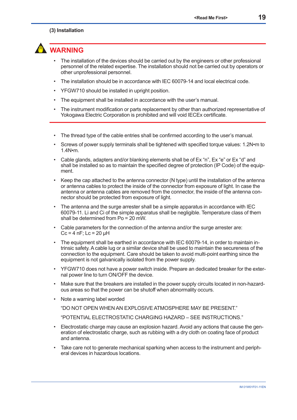Warning | Yokogawa YFGW710 User Manual | Page 19 / 29