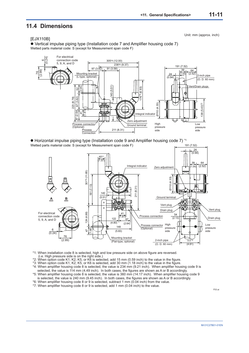 4 dimensions, Dimensions -11 | Yokogawa EJX430B User Manual | Page 102 / 110