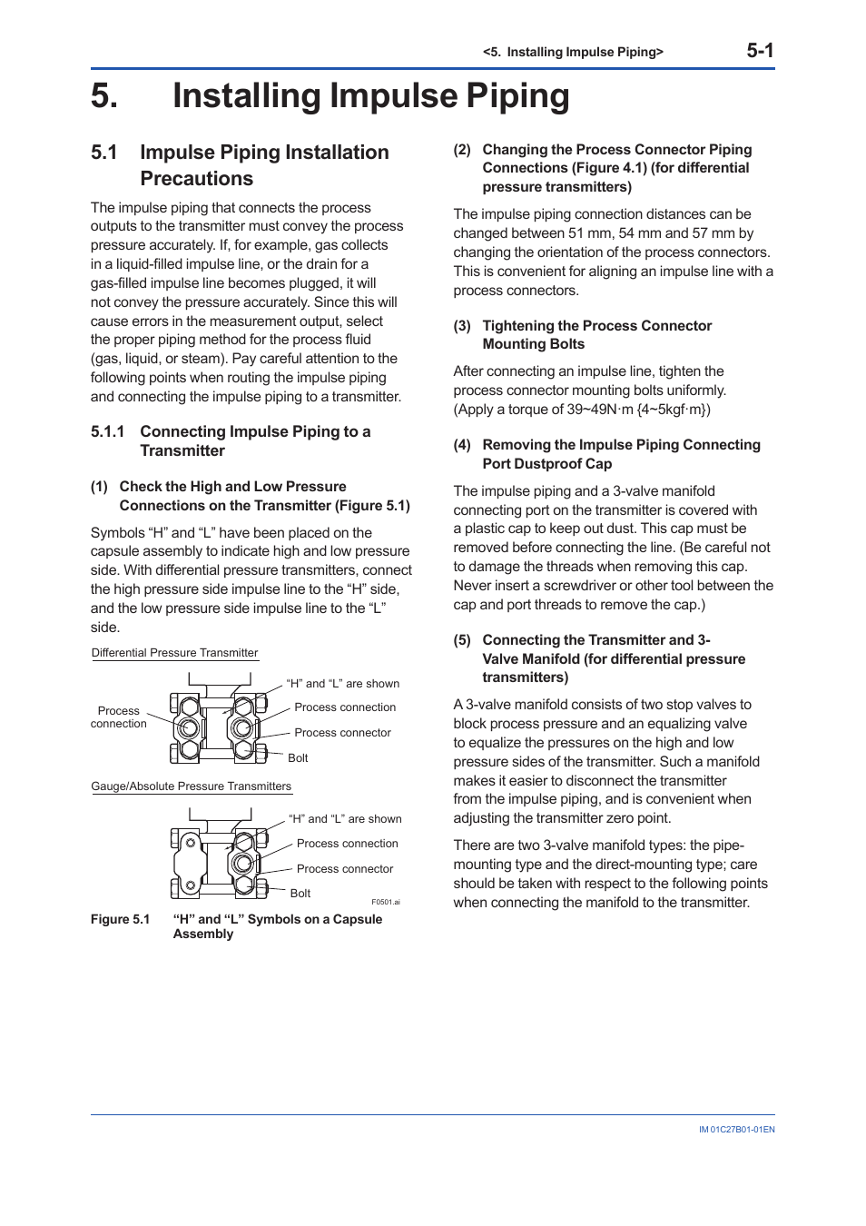 Installing impulse piping, 1 impulse piping installation precautions, 1 connecting impulse piping to a transmitter | Installing impulse piping -1, Impulse piping installation precautions -1 5.1.1, Connecting impulse piping to a transmitter -1 | Yokogawa EJX430B User Manual | Page 25 / 110