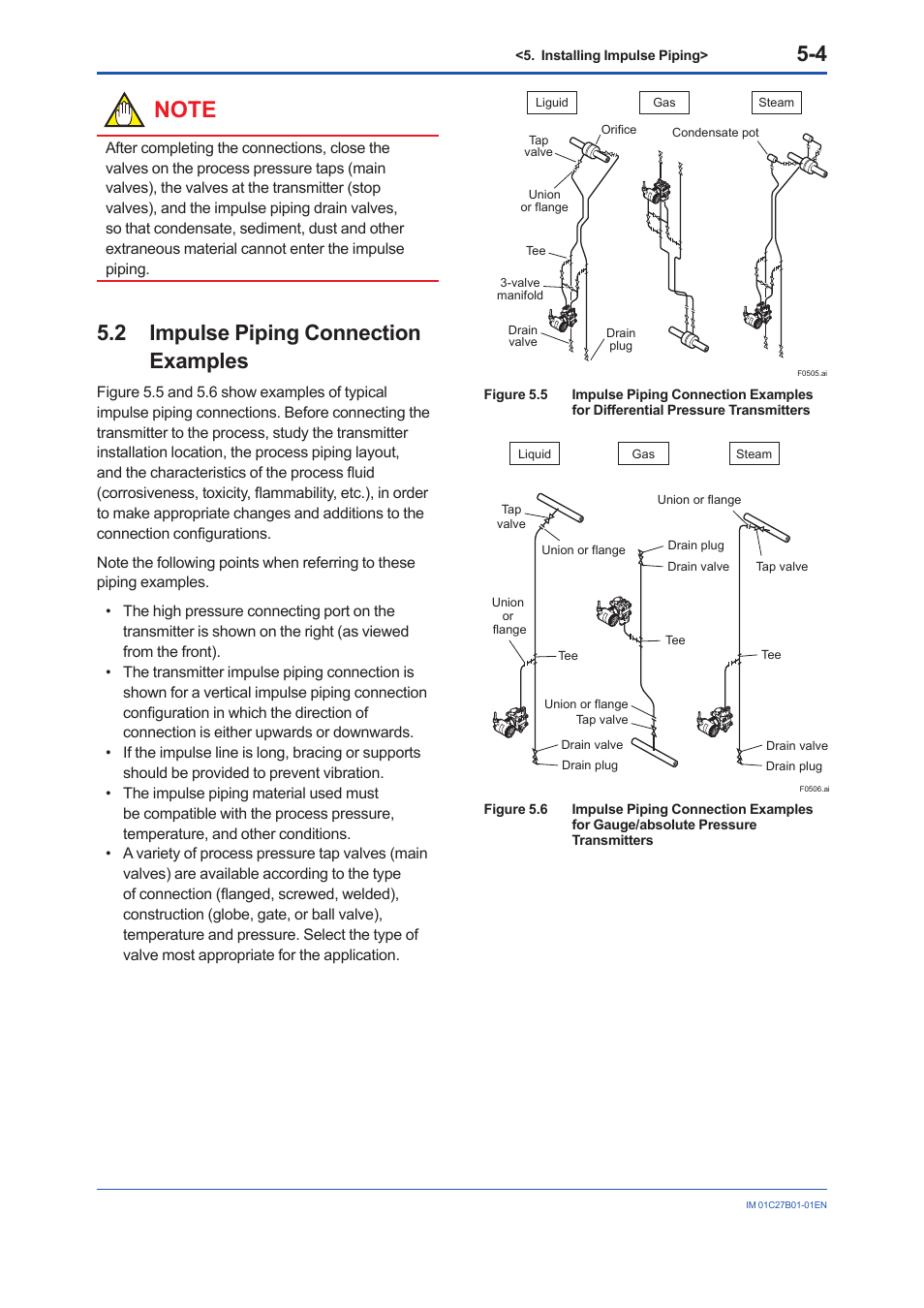 2 impulse piping connection examples, Impulse piping connection examples -4 | Yokogawa EJX430B User Manual | Page 28 / 110