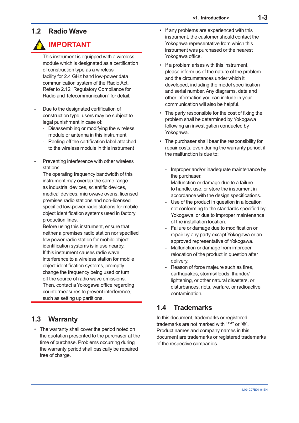 2 radio wave, 3 warranty, 4 trademarks | Radio wave -3, Warranty -3, Trademarks -3, 2 radio wave important | Yokogawa EJX430B User Manual | Page 7 / 110