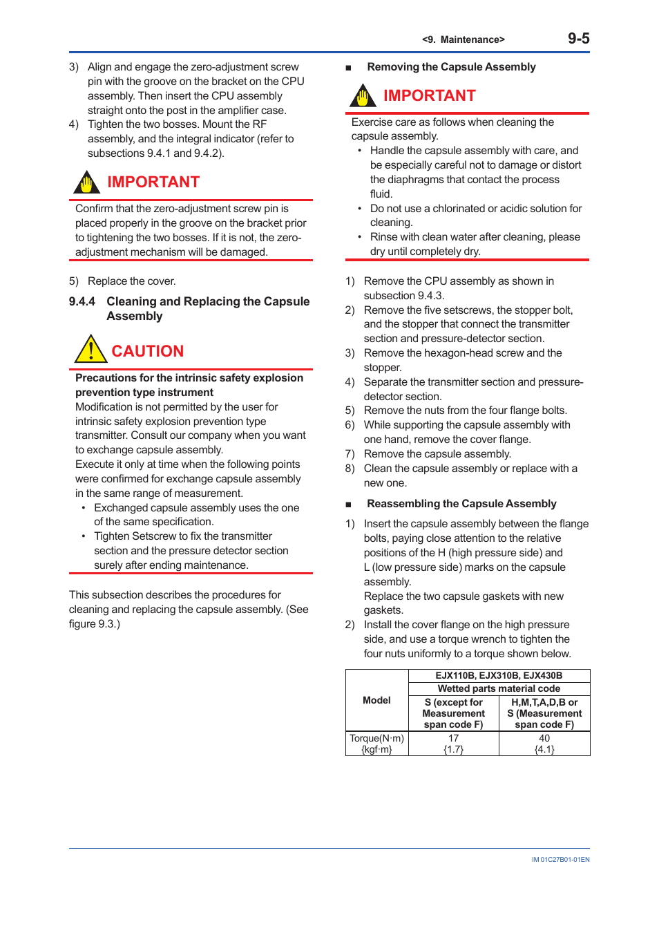 4 cleaning and replacing the capsule assembly, Cleaning and replacing the capsule assembly -5, Caution | Important | Yokogawa EJX430B User Manual | Page 70 / 110