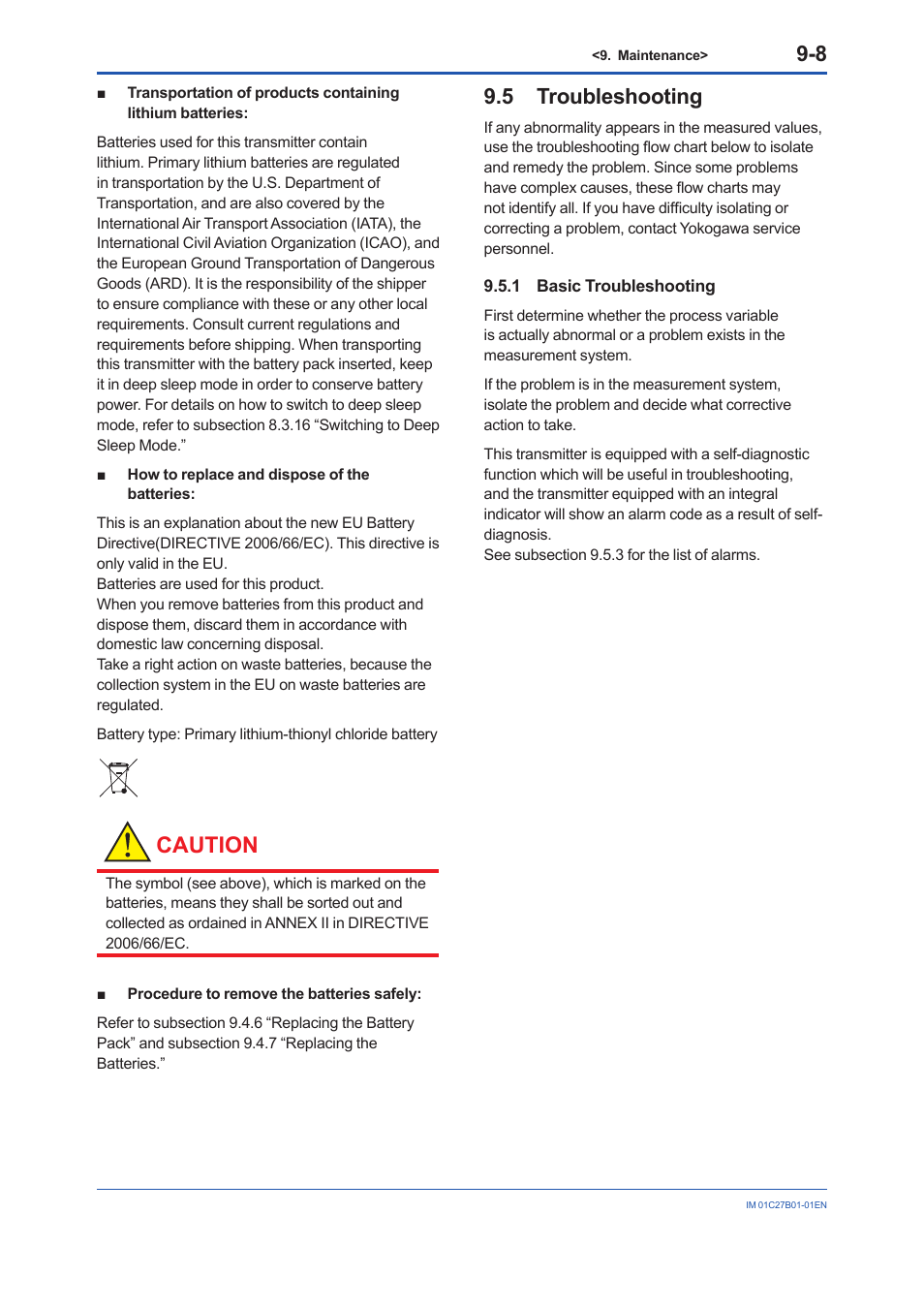 5 troubleshooting, 1 basic troubleshooting, Troubleshooting -8 9.5.1 | Basic troubleshooting -8, Caution | Yokogawa EJX430B User Manual | Page 73 / 110